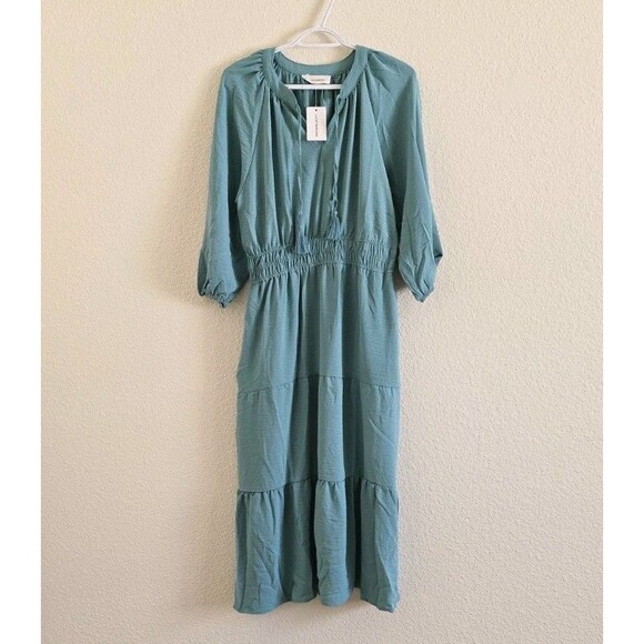 Lucky Brand Womens Teal Floral Long Sleeve Midi Dress Sz L Fall Boho Peasant NWT - Picture 7 of 7